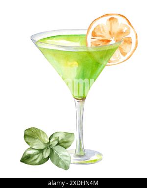 Cocktail vert aquarelle dans un gobelet en verre. Illustration d'alcool avec une tranche de citron et basilic isolé sur fond blanc. Bar design et moi Banque D'Images