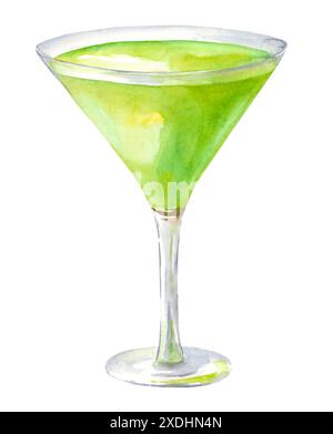 Cocktail vert aquarelle dans un gobelet en verre. Illustration d'alcool avec une tranche de citron isolé sur un fond blanc. Design du bar et menu Banque D'Images