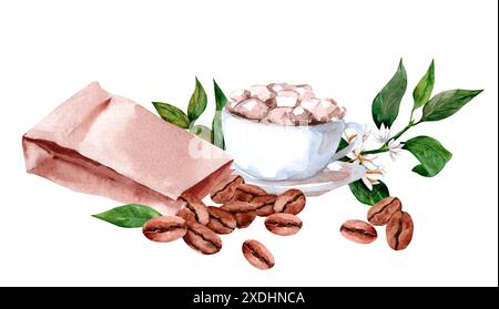 Grains de café dans un sac artisanal. Baies de café et une tasse. Aquarelle illustration dessinée à la main Banque D'Images