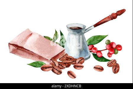 Grains de café dans un sac artisanal. Baies de café et cezve. Aquarelle illustration dessinée à la main Banque D'Images