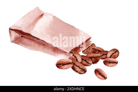 Grains de café dans un sac artisanal. Aquarelle illustration dessinée à la main Banque D'Images