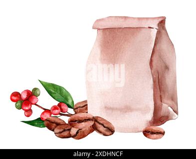 Grains de café dans un sac artisanal. Aquarelle illustration dessinée à la main Banque D'Images