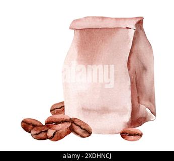 Grains de café dans un sac artisanal. Aquarelle illustration dessinée à la main Banque D'Images