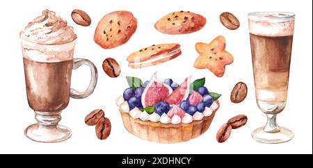 Collection aquarelle de café et de desserts. Ensemble d'illustrations avec des grains de café, latte et biscuits isolés sur un fond blanc. Dessins pour d Banque D'Images