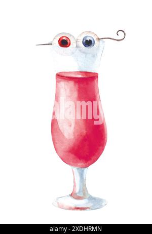 Illustration aquarelle peinte à la main d'un cocktail d'Halloween effrayant avec décoration de globe oculaire. Gobelet en verre avec du sang. Décor de fête Banque D'Images