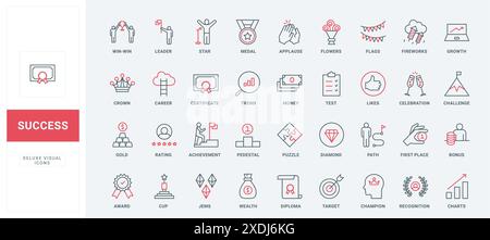 Prix de réussite commerciale, prix cible pour le chemin, la mission et le défi des icônes de ligne de leadership ensemble. Les flèches d'ambition grandissent, médaillent et puzzle mince noir et rouge illustration vectorielle de symboles de contour Illustration de Vecteur