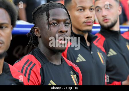 Johan Bakayoko (19 ans), de Belgique, photographié lors d'un match de football entre les équipes nationales de Belgique, appelées les Diables rouges et de Roumanie, lors de la deuxième journée du groupe E dans la phase de groupes du tournoi UEFA Euro 2024 , le samedi 22 juin 2024 à Cologne , Allemagne . PHOTO SPORTPIX | David Catry Banque D'Images