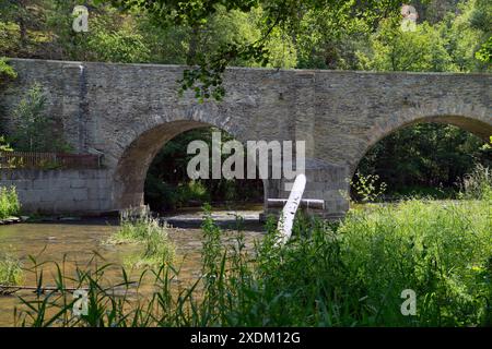 Vue, historique, pont de grès, sur la rivière, Strela, XIVe siècle, deuxième plus ancien pont, Rabstejn nad Strelou, République tchèque, Rabstejn nad Banque D'Images