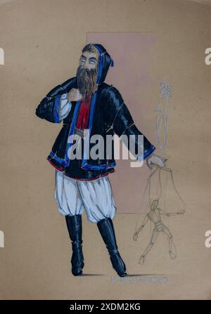 Le marionnettiste mangeur de feu Mangiafuoco, théâtre costume traditionnel de Pinocchio, costume traditionnel sarde, conte de fées, fable, dessin au crayon Banque D'Images