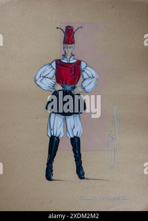 Le cricket parlant, il Grillo parlante, théâtre costume traditionnel de Pinocchio, costume traditionnel sarde, conte de fées, fable, crayon Banque D'Images