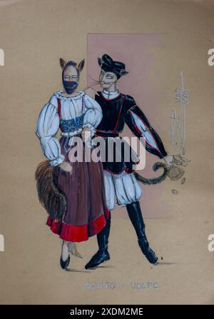 Chat et renard, gatto e volpe, costume traditionnel de théâtre de Pinocchio, costume traditionnel sarde, conte de fées, fable, dessin au crayon, esquisse Banque D'Images