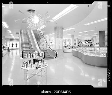 Bloomingdale's, affaires à Hackensack, New Jersey. Escaliers mécaniques. Collection Gottscho-Schleisner Banque D'Images