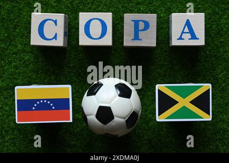 18 juin 2024, Miami, États-Unis. Drapeaux des équipes participantes du groupe de football de la Coupe de l'America B. Venezuela et Jamaïque. COPA America 2024 Banque D'Images