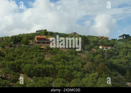 Une vue panoramique sur une colline boisée avec plusieurs maisons nichées parmi les arbres par une journée ensoleillée avec des nuages moelleux dans le ciel. Banque D'Images