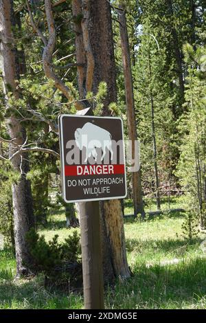 Danger ne vous approchez pas du panneau d'avertissement de la faune dans le parc national de Yellowstone . Wyoming , États-Unis Banque D'Images