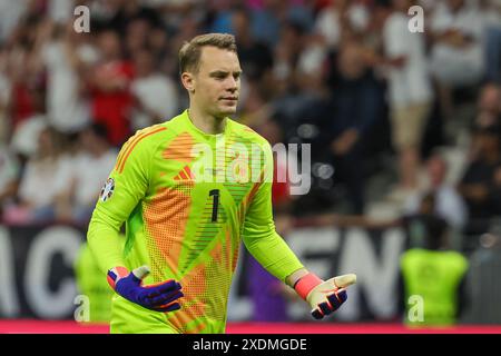 23 juin 2024, Hesse, Francfort/M. : Football : Championnat d'Europe, Suisse - Allemagne, tour préliminaire, groupe A, jour de match 3, Frankfurt Arena, le gardien de but allemand Manuel Neuer réagit. Photo : Christian Charisius/dpa Banque D'Images