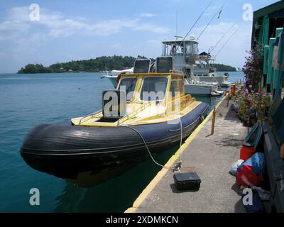 Tour du monde bateau à moteur Spirit of Cardiff à Port Antonio, Jamaïque, avec Navy Island au-delà. Banque D'Images