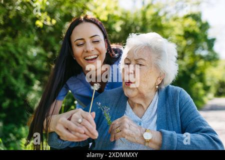 Femme soignante et femme âgée en fauteuil roulant tenant le pissenlit, cueillant des fleurs sauvages. Infirmière et femme âgée profitant d'une chaude journée en maison de retraite Banque D'Images