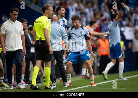 Barcelone, Espagne. 23 juin 2024. Puado (RCD Espanyol) célèbre lors d'un match final Playoff la Liga Hypermotion entre le RCD Espanyol et le Real Oviedo au Stage Front Stadium, à Barcelone, en Espagne, le 23 juin 2024. Photo de Felipe Mondino/Sipa USA crédit : Sipa USA/Alamy Live News Banque D'Images