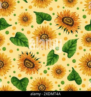 Motif aquarelle tournesol sans couture. Fond floral avec des fleurs jaunes. Composition florale estivale. Arrangement de fleurs d'automne. botani dessiné à la main Banque D'Images