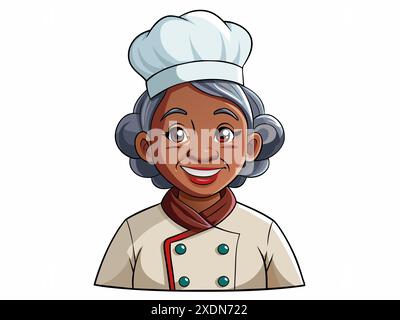 Chef afro-américain âgé portant un chapeau blanc et uniforme de chef, isolé sur fond blanc. Femme souriante cuisinier. Concept de cuisine, kitch Illustration de Vecteur