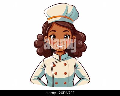 Jeune femme afro-américaine chef portant un chapeau blanc et uniforme de chef, isolée sur fond blanc. Femme heureuse cuisinière. Concept de cuisine, cuisine, Illustration de Vecteur