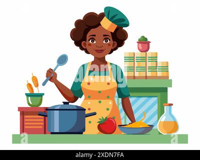 Femme afro-américaine cuisinant portant un tablier. Femme chef préparant la nourriture. Concept de cuisine, cuisine et activités domestiques. Art graphique Illustration de Vecteur