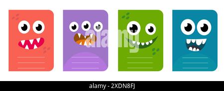 Conception mignonne de couverture de monstre d'enfants pour les cahiers, les planificateurs, les brochures, les livres pour enfants. Illustration imprimable de dessin animé plat vectoriel Illustration de Vecteur