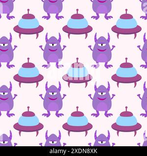 Vaisseau spatial extraterrestre, vaisseaux spatiaux et OVNI et mignon violet alien ou monstre modèle sans couture. Design pour enfants. Enfants vaisseau cosmique. Illustration vectorielle plate. Illustration de Vecteur