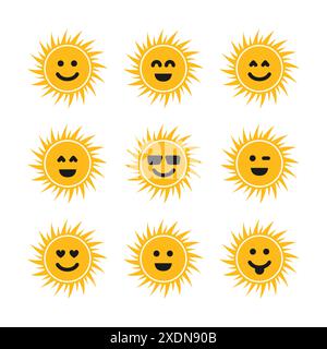 Set de soleils avec des sourires. Neuf soleils jaunes avec des smiley différents. Illustration vectorielle Illustration de Vecteur