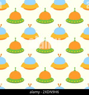 Vaisseau spatial jaune extraterrestre, vaisseaux spatiaux et UFO Seamless Pattern. Vaisseau cosmique en forme de soucoupe pour le transport. Conception pour enfants. Dessin animé vectoriel plat Illustration de Vecteur