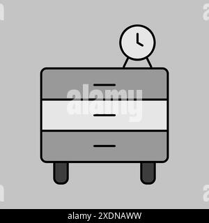 Commode de chevet et icône de vecteur d'alarme d'horloge en niveaux de gris. Panneau de coffre de tiroir. Symbole graphique pour meubles, conception de site Web et d'applications, logo, application, interface utilisateur Illustration de Vecteur