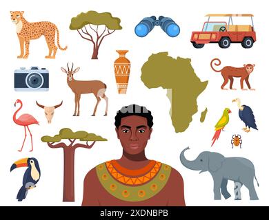 Icônes de style ethnique africain. Carte africaine, arbres, gens, animaux oiseaux vecteur Illustration de Vecteur