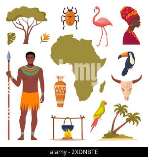 Icônes de style ethnique africain. Carte africaine, arbres, gens, animaux oiseaux vecteur Illustration de Vecteur