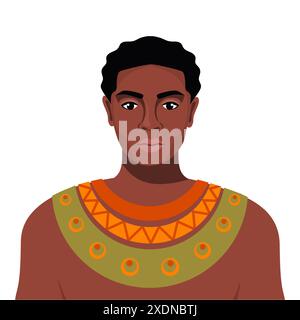 L'homme africain porte des vêtements tribaux et collier. Portrait de personnage masculin à la peau foncée, guerrier, chasseur. Vecteur Illustration de Vecteur