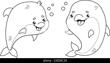 Esquissez de mignons dauphins de couple. Animal kawaii de dessin animé heureux. Dessin au trait, livre de coloriage. Illustration vectorielle. Collection enfants Illustration de Vecteur