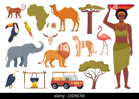 Icônes de style ethnique africain. Carte africaine, arbres, gens, animaux oiseaux vecteur Illustration de Vecteur