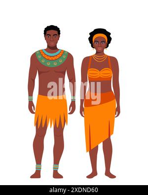 Femme noire indigène à peau et homme de tribu africaine. Couple africain avec robe ethnique traditionnelle et collier debout en pleine croissance. Vecteur Illustration de Vecteur