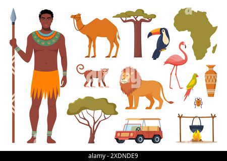 Icônes de style ethnique africain. Carte africaine, arbres, gens, animaux oiseaux vecteur Illustration de Vecteur