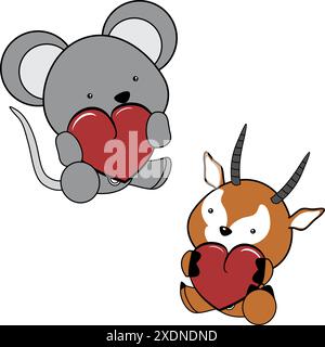 collection de pack d'amour de bébé animaux chibi mignon tenant le cœur rouge en format vectoriel Illustration de Vecteur
