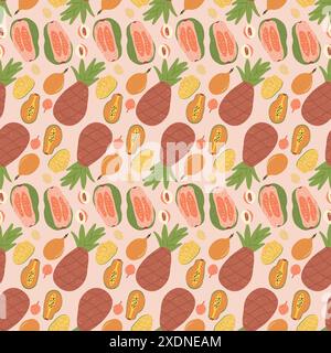 Motif sans couture vibrant avec des illustrations de fruits tropicaux, y compris des ananas, des papayes et de la goyave avec des tranches de fruits, exsudant un vib ensoleillé et exotique Illustration de Vecteur