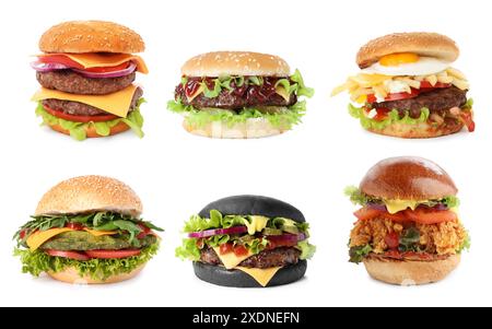 Différents hamburgers délicieux isolés sur blanc, mis Banque D'Images