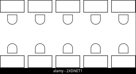 Disposition des sièges dans un espace de travail professionnel ou une salle de classe. Bureaux et chaises icônes de meubles de bureau vue de dessus. Plan schématique des sièges du lieu de travail Illustration de Vecteur