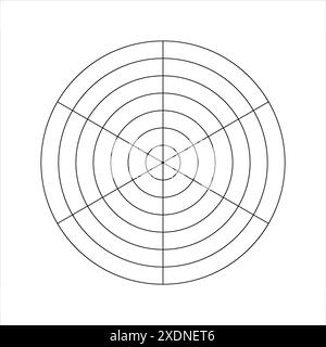 Diagramme rond avec des cercles concentriques divisés sur six segments égaux. Graphique radar circulaire, roue de la vie ou modèle de suivi des habitudes isolé sur blanc Illustration de Vecteur