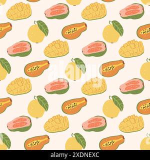 Fruits demi et tranches motif sans couture. Mangue, goyave, papaye nourriture exotique fond sans fin. Illustration vectorielle dessinée à la main. Illustration de Vecteur