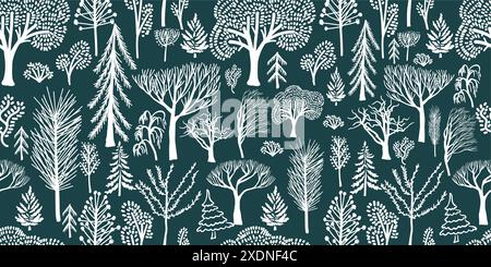 Noël. Fond d'hiver. Forêt d'hiver à motif sans couture avec des arbres simples. Dessin à la main. Pas IA. Illustration vectorielle Illustration de Vecteur