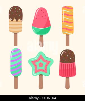 Ensemble de crèmes glacées colorées et Popsicle pour Sweet and dessert concept illustration Clip Art Illustration de Vecteur