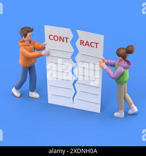 Illustration 3D isométrique sur fond bleu, deux hommes en vêtements d'affaires déchirent une feuille de papier avec un contrat, rompant un contrat Banque D'Images