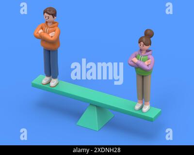 Egalité isométrique pour les genres un concept d'homme et de femme sur échelles. Egalité entre homme et femme.rendu 3D sur fond bleu. Banque D'Images