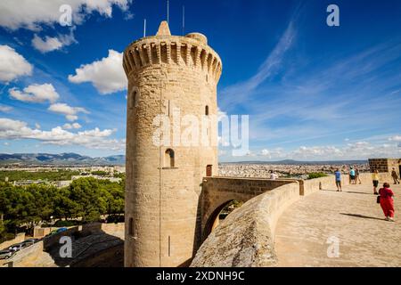 tour d'hommage, Château Bellver -XIVe siècle-, Palma de Majorque, Majorque, Îles Baléares, Espagne. Banque D'Images